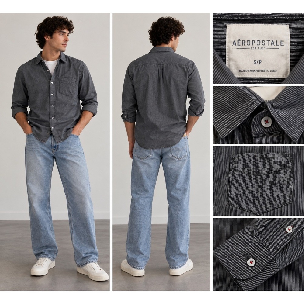 Aeropostale Mens Small Gray White Micro Pinstripe Button Down Long Sleeve Shirt